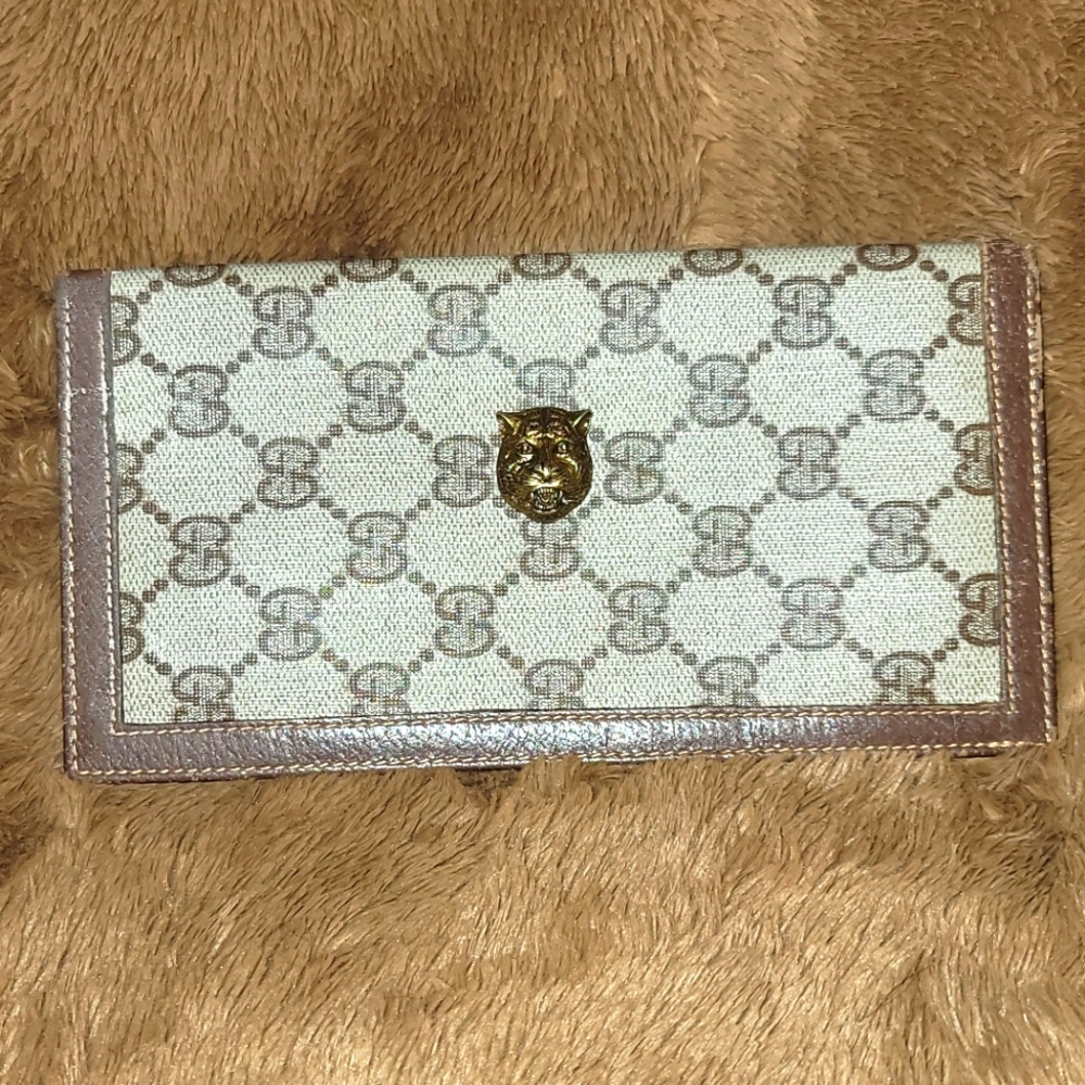 Gucci Gg Supreme Beige/Brown Canvas Cat Animalier Wallet Like New Authentic